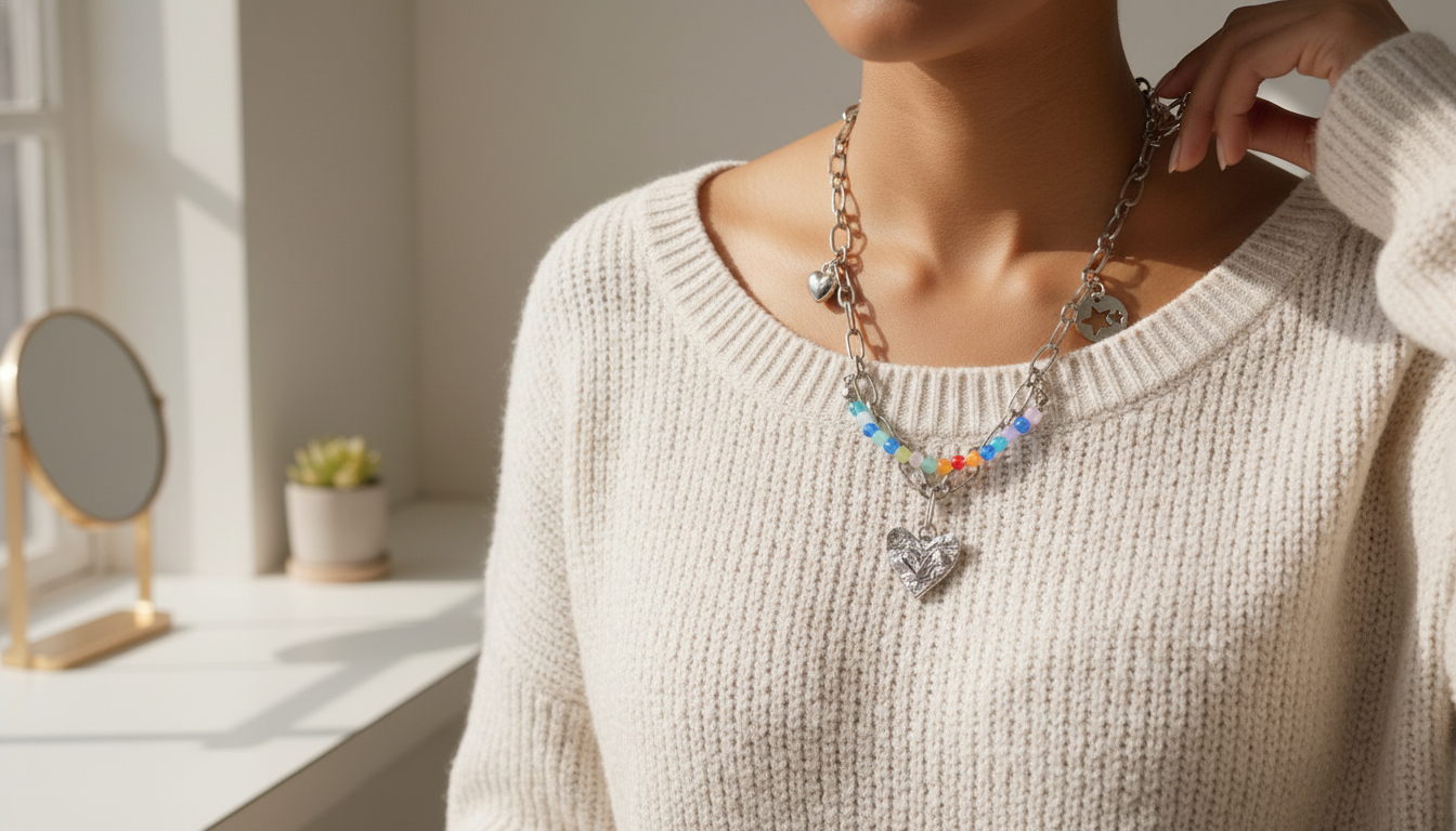 Double Layer Pearl & Metal Necklace with Love Pendant